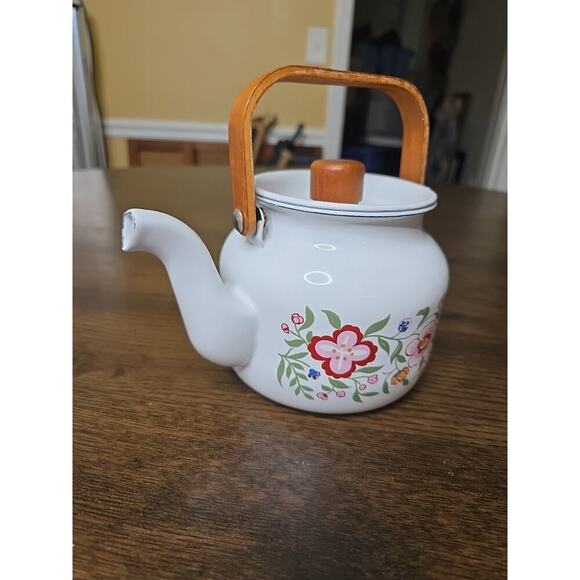 Vintage 80s Gailstyn-Sutton Enamelware Teapot Kettle Country Flower Wood Handle - Picture 8 of 16